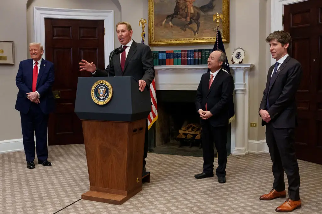 Oracle CTO Larry Ellison (C), US President Donald Trump (L), OpenAI CEO Sam Altman (R), and SoftBank CEO Masayoshi Son (2nd-R) at a White House news conference on Tuesday (Andrew Harnik/Getty Images)