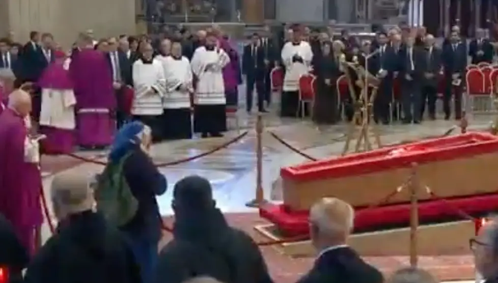 Sister Genevieve Jeanningros, was captured standing in a restricted area near to the Pope's coffin (Vatican Media)