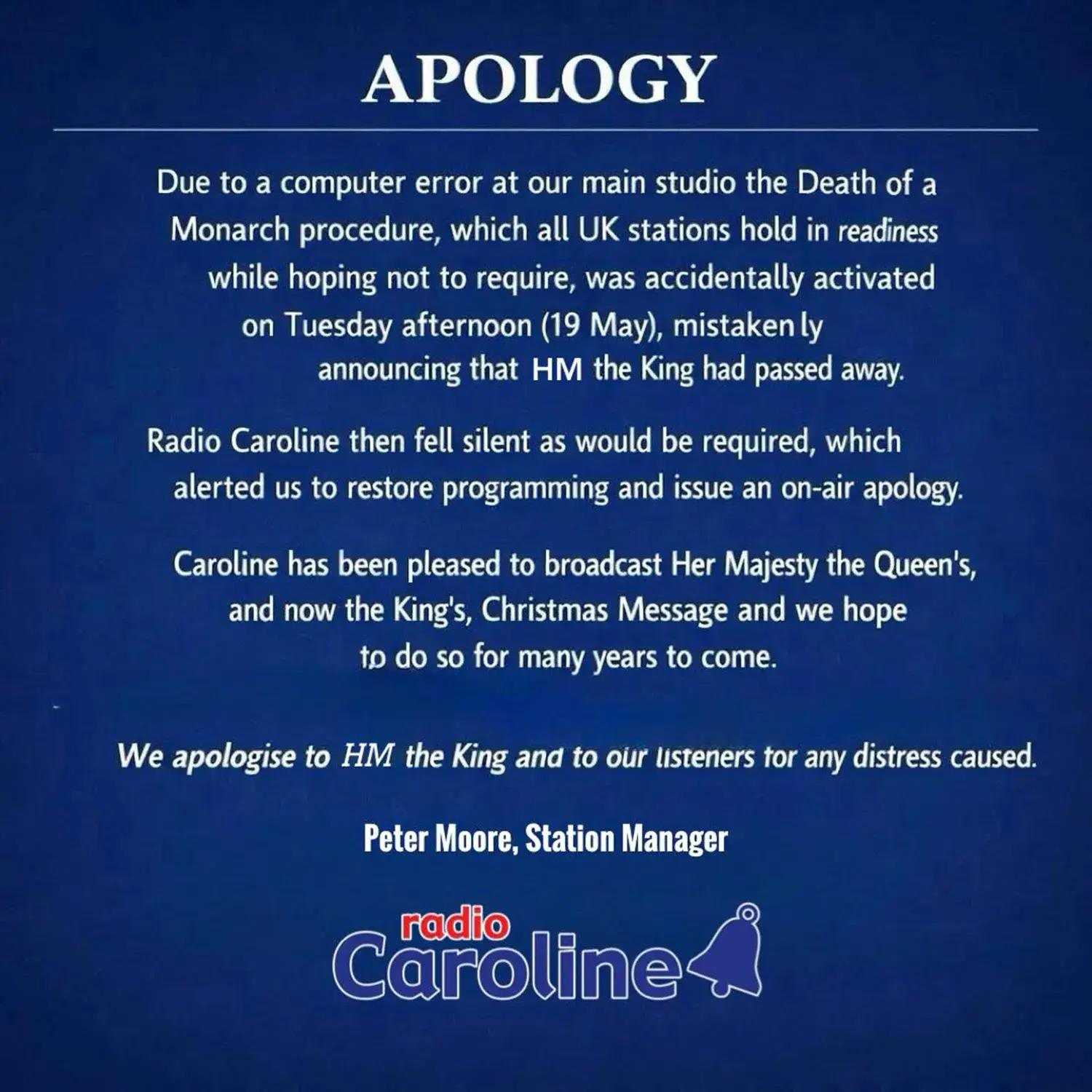 The station apologized for the error in a social media statement. (Radio Caroline Facebook)