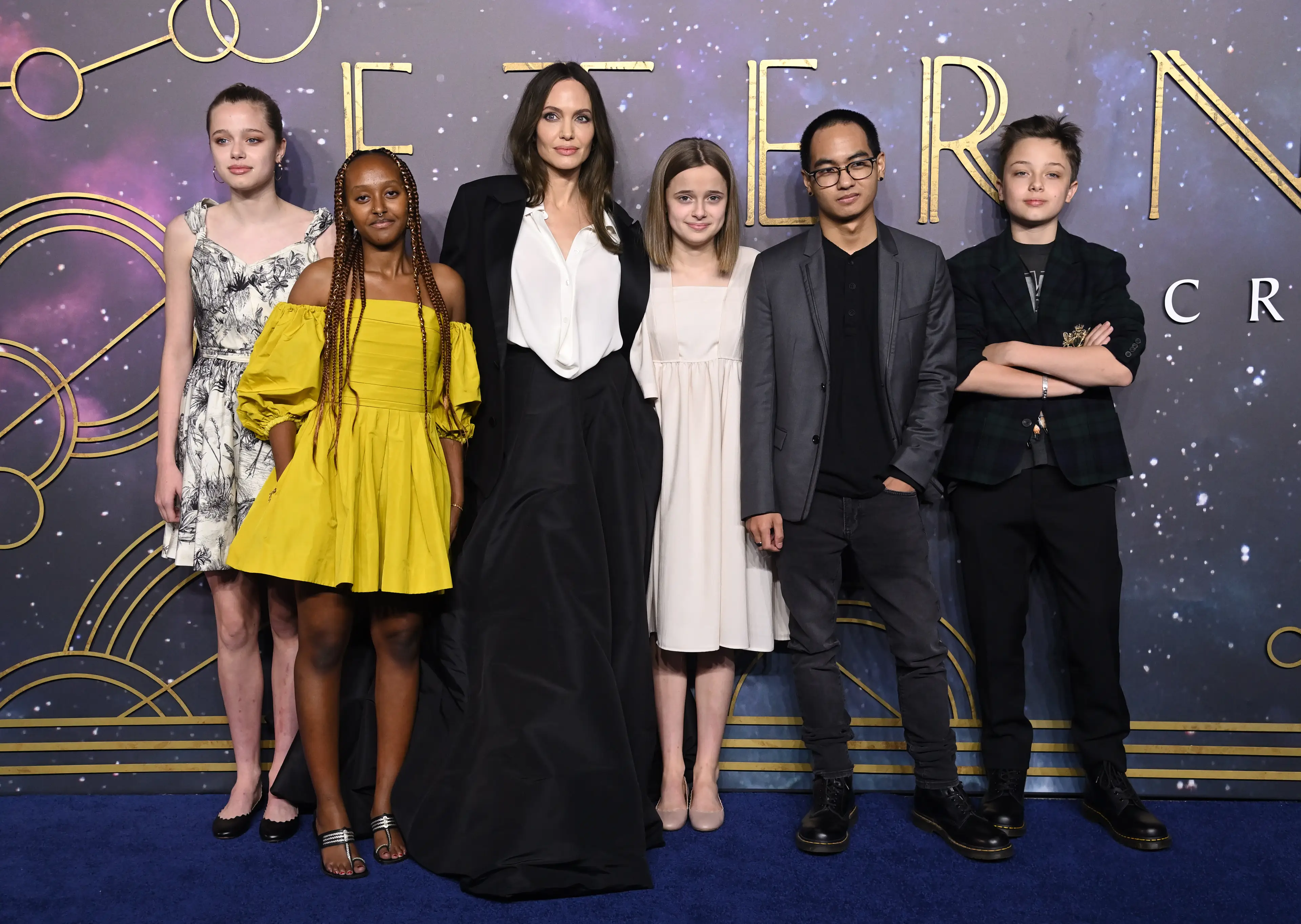 Jolie with her children Shiloh, Zahara, Vivienne, Maddox and Knox at the UK premiere of Eternals. (Karwai Tang/WireImage)
