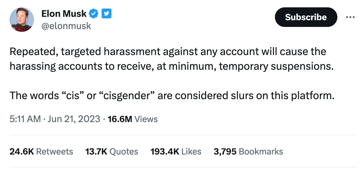 Elon Musk announced the terms were banned in a tweet.