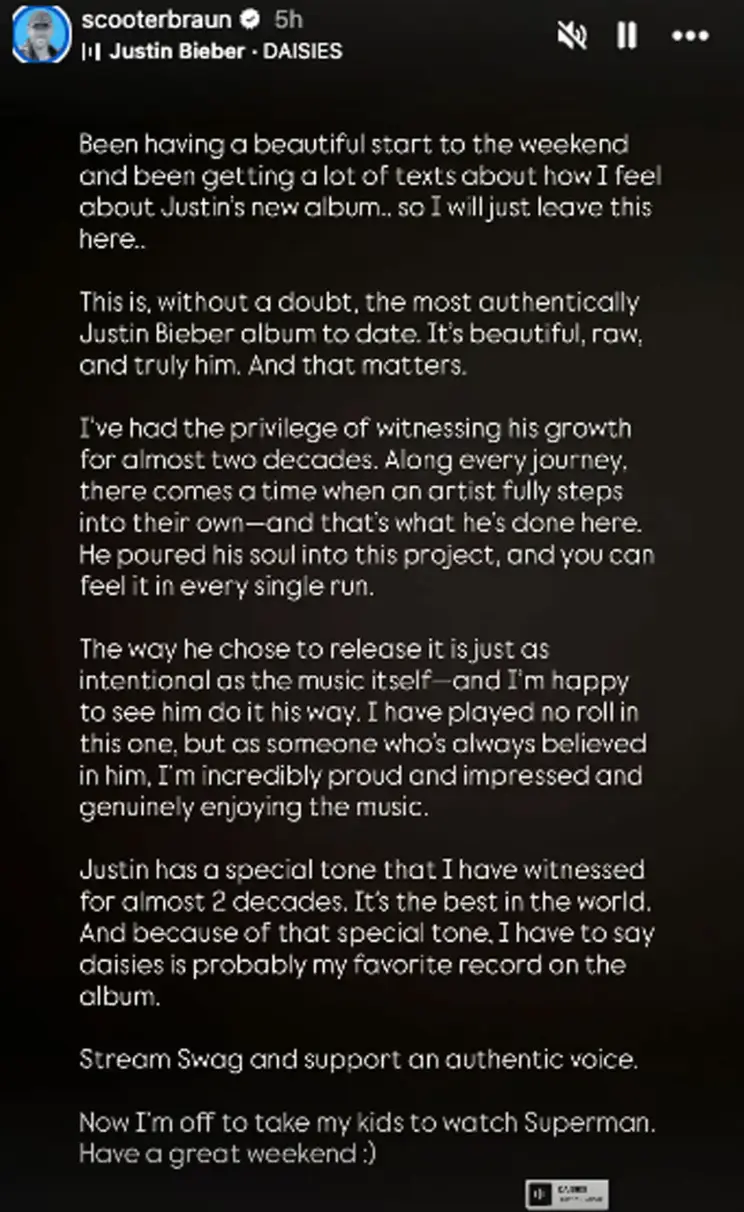 Braun praised the release of Swag on Instagram (Instagram/@scooterbraun)