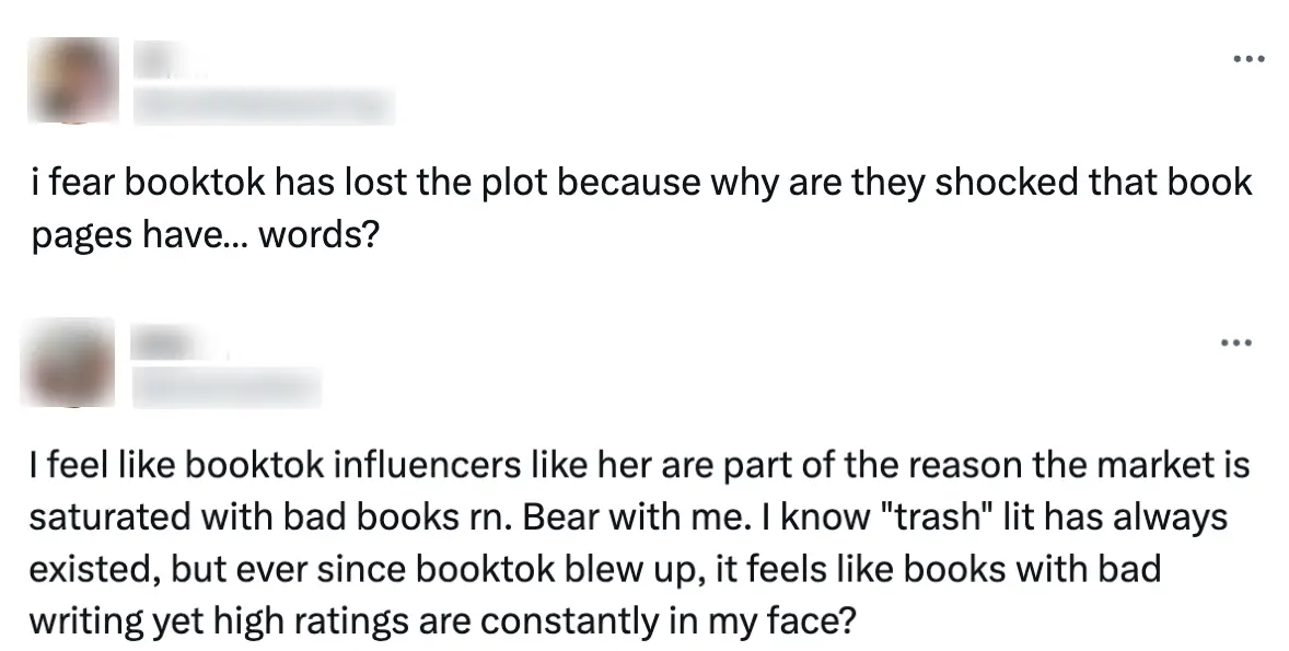 Not everyone sees BookTok as a good thing. (Twitter)