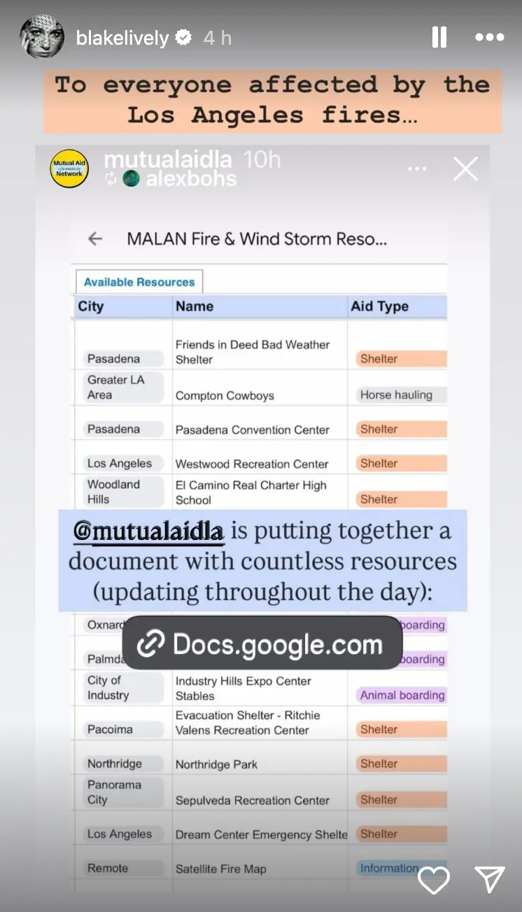 Lively's post shared information about aid (Instagram/@blakelively)