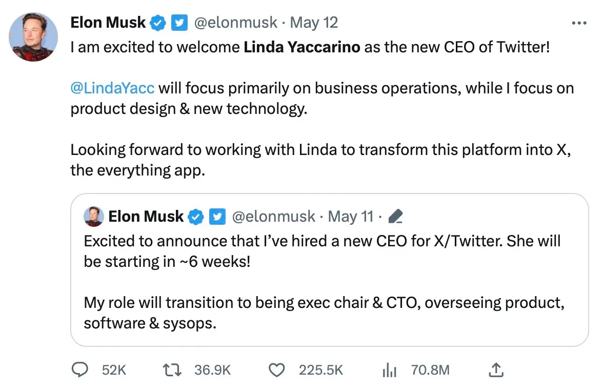 On 12 May, Musk confirmed Yaccarino's arrival.