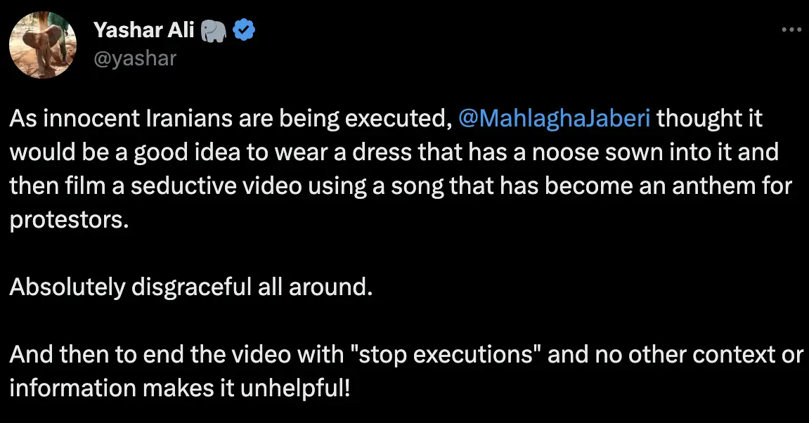 Mahlagha Jaberi's fashion statement was criticised by Yashar Ali.