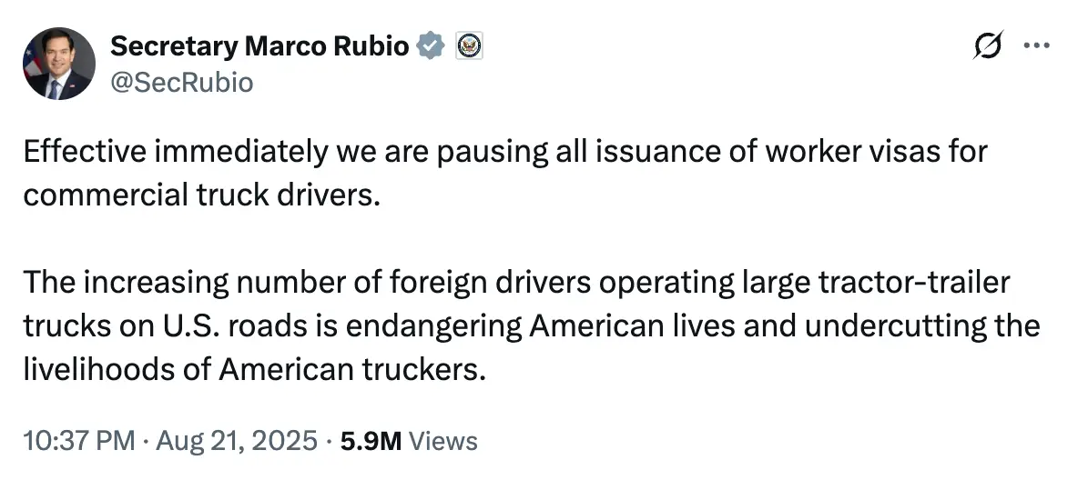 Rubio announced a halt on visas for commercial truck drivers on X (X/@SecRubio)