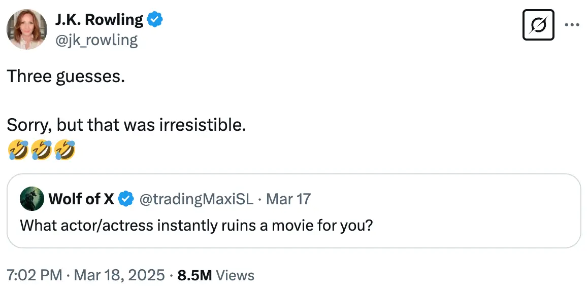 Rowling hinted that the three Harry Potter stars now 'ruin' movies for her (Twitter/@jk_rowling)