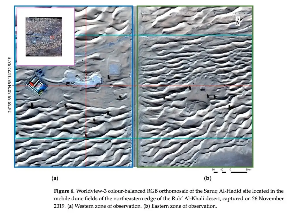 An aerial view of the desert showing where the tech detected the archaeological site (Khalifa University)