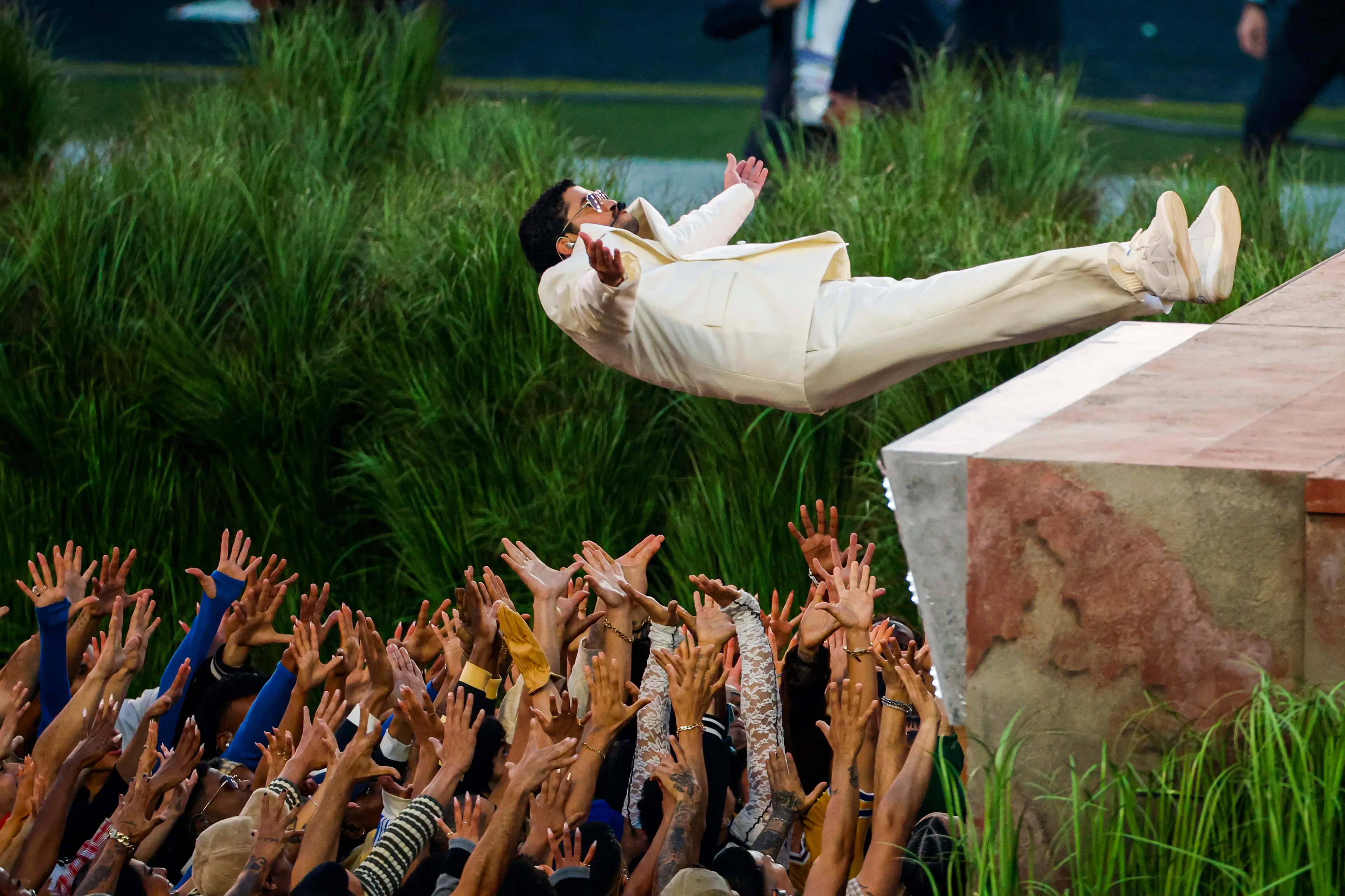Bad Bunny's set was filled with symbolism, including a moment where he gave one of his Grammys to a young boy (Stephen Lam/San Francisco Chronicle via Getty Images)