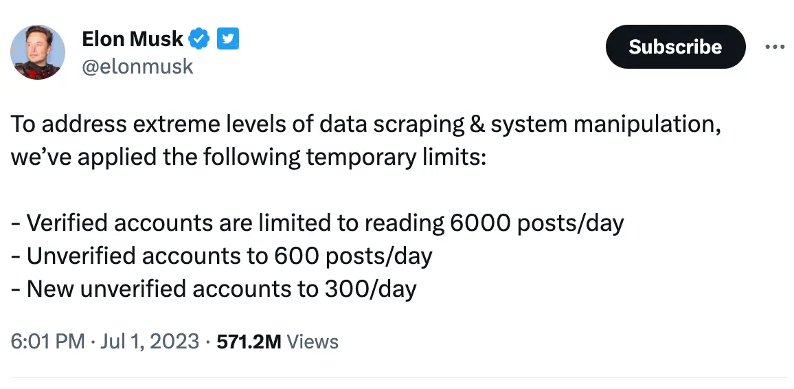 People who don't pay for Twitter are temporarily restricted to seeing 600 posts per day.