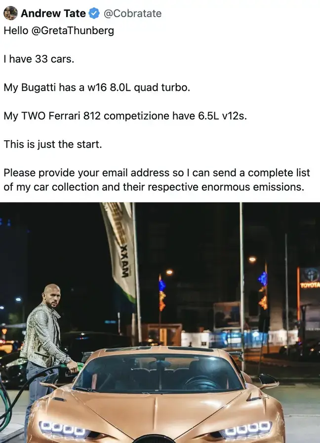 Tate boasted about his cars on Twitter.