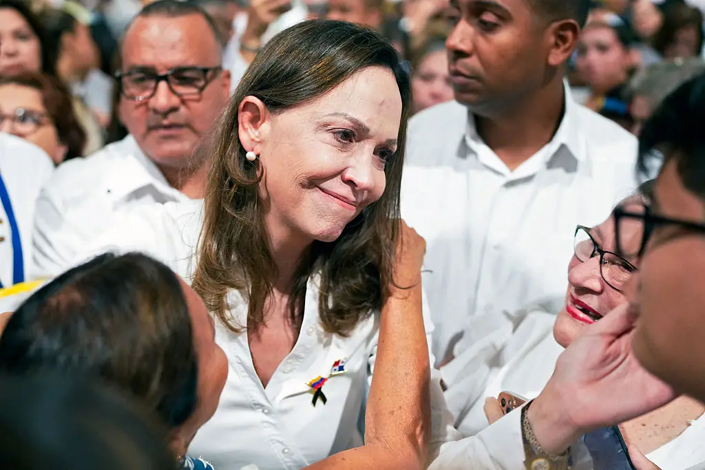 Venezuelan opposition leader Maria Corina Machado gave Trump her 2025 Nobel Peace Prize medal in January. (Photo by ARNULFO FRANCO / AFP via Getty Images)