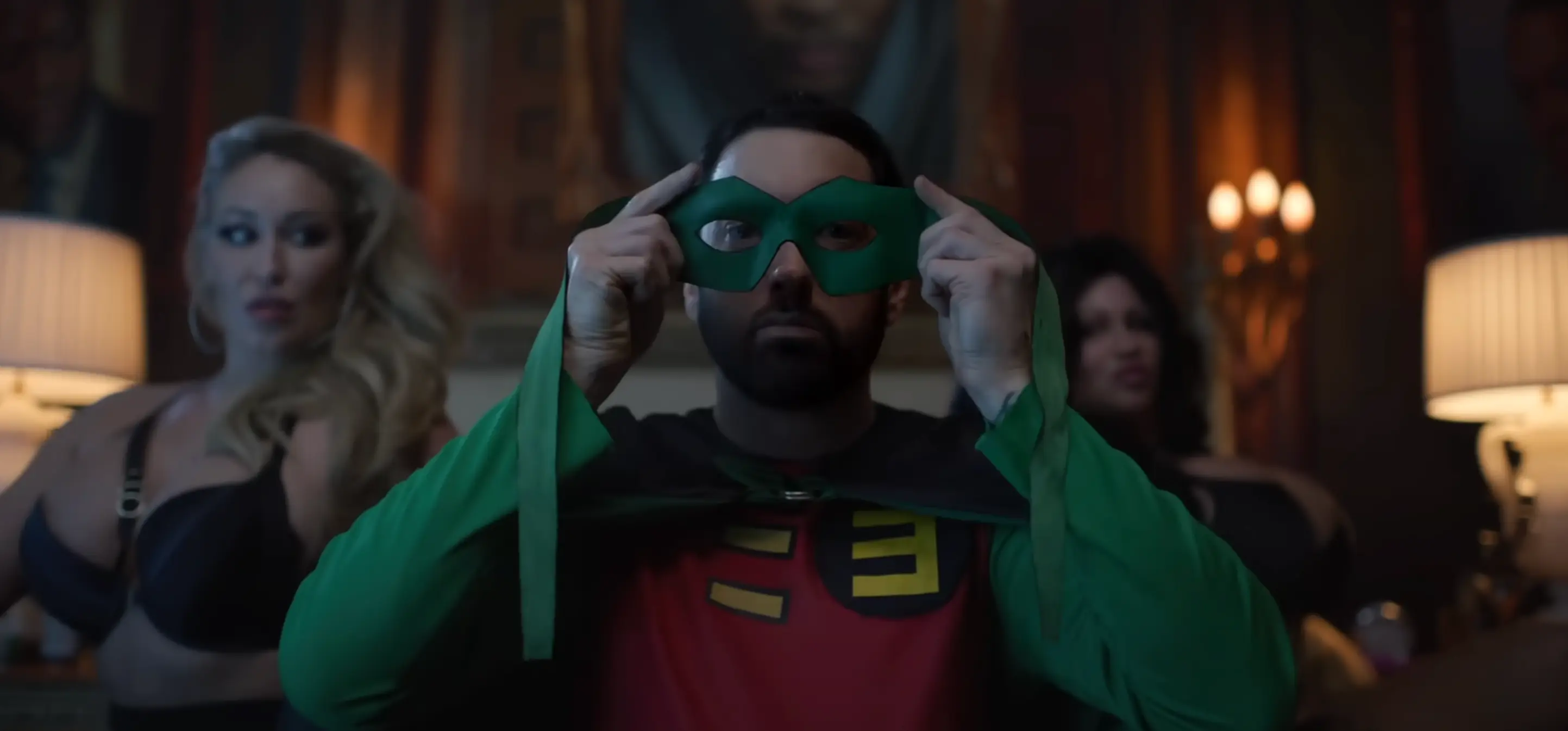 Keely (left) briefly appeared in the 'Houdini' video. (YouTube/EminemMusic)