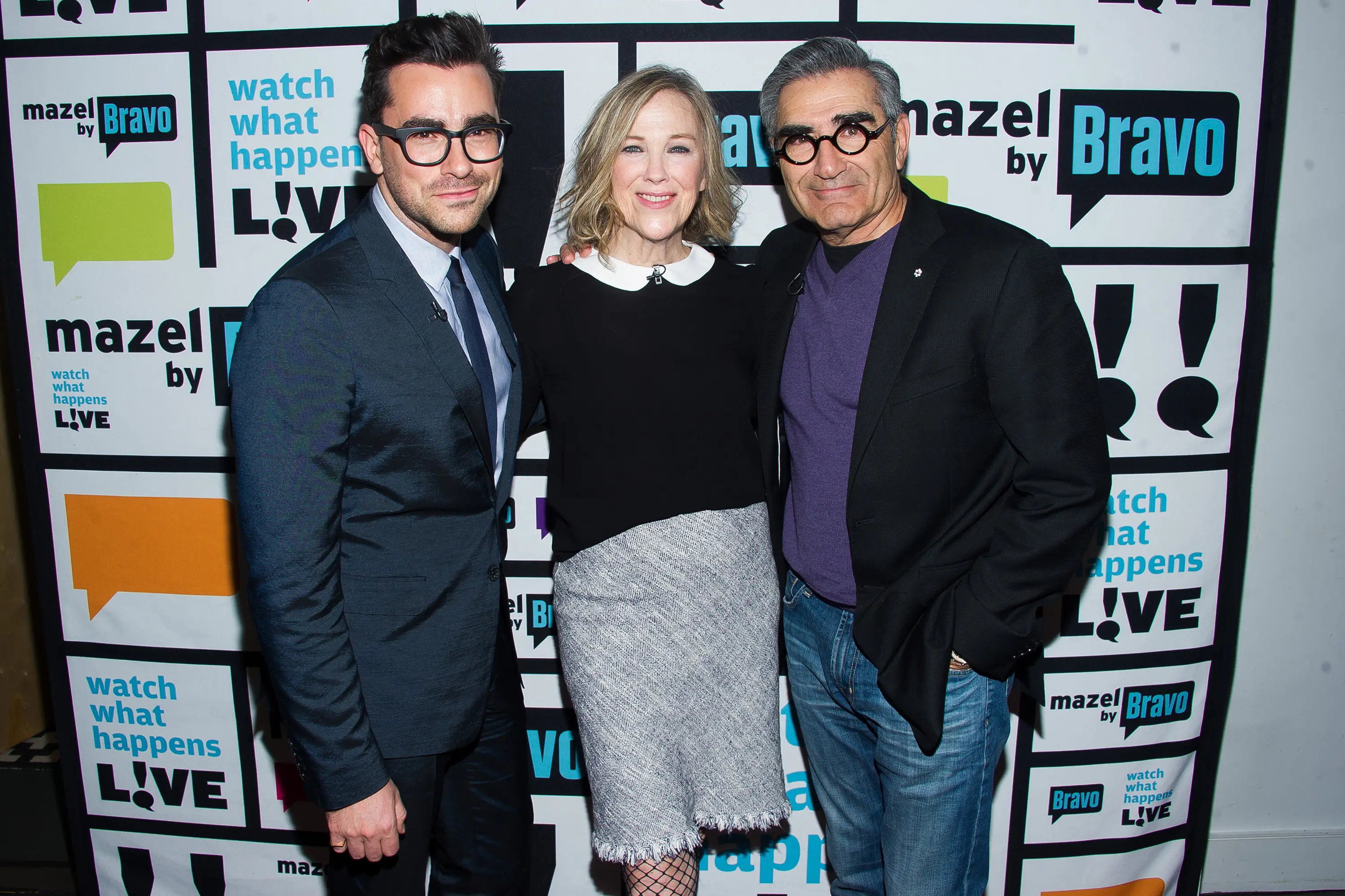 Daniel Levy, Catherine O'Hara and Eugene Levy pictured together in February 2025 (Charles Sykes/Bravo/NBCU Photo Bank/NBCUniversal via Getty Images)