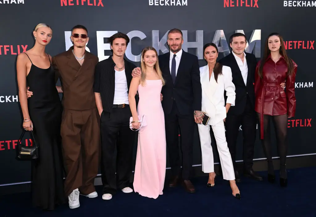 The Beckhams haven't been pictured together since 2024. Pictured: Mia Regan, Romeo Beckham, Cruz Beckham, Harper Beckham, David Beckham, Victoria Beckham, Brooklyn Beckham and Nicola Peltz (Karwai Tang/WireImage)