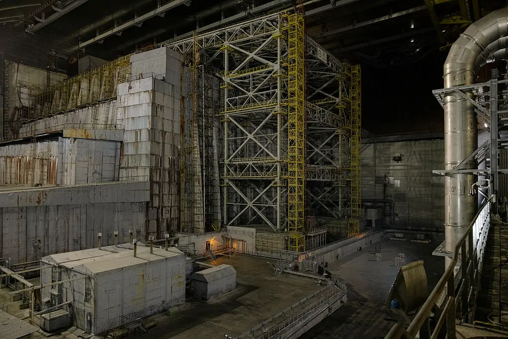 he metal framework and structures surround the original sarcophagus of the destroyed fourth reactor at the Chornobyl Nuclear Power Plant (Getty Stock Image)