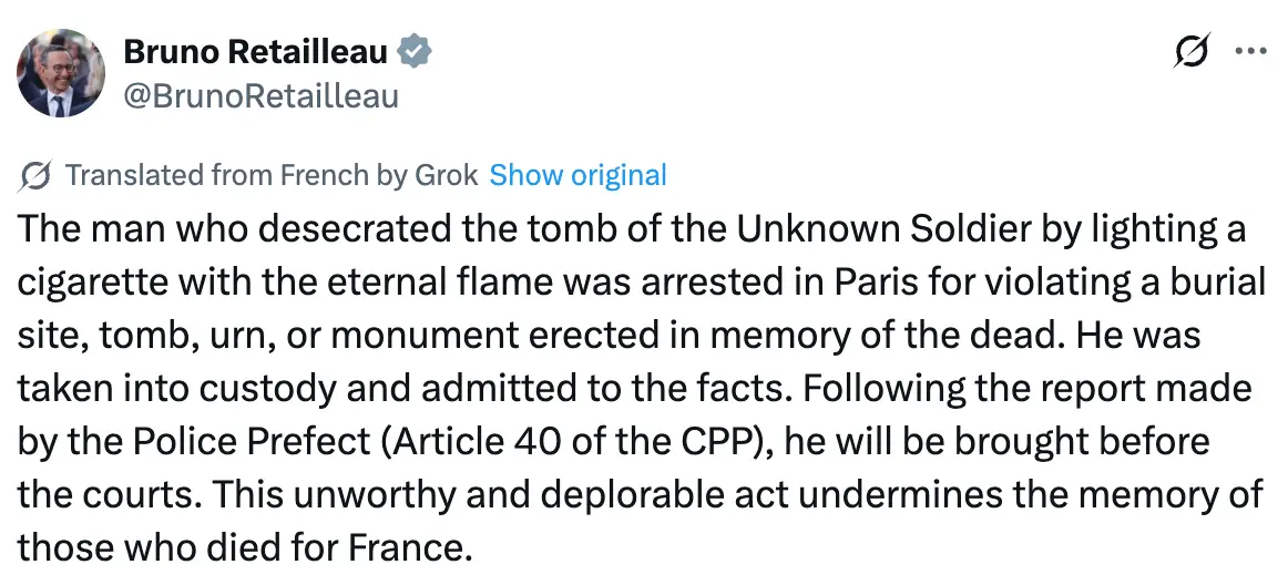 Bruno Retailleau made clear the man would face action (X/@BrunoRetailleau)