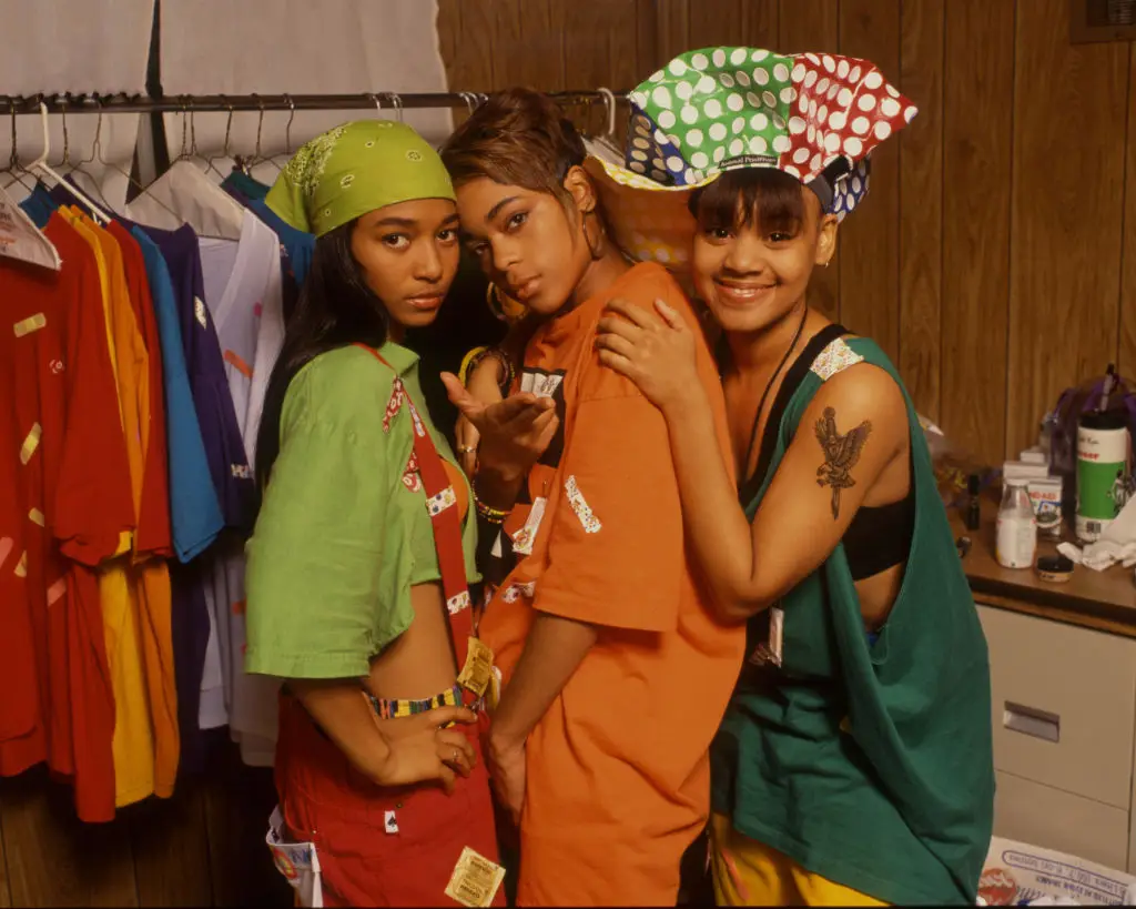 Portrait of TLC members in 1992, Rozonda 'Chilli' Thomas, Tionne 'T-Boz' Watkins and the late Lisa 'Left Eye' Lopes. (Photo by Tim Roney/Getty Images)