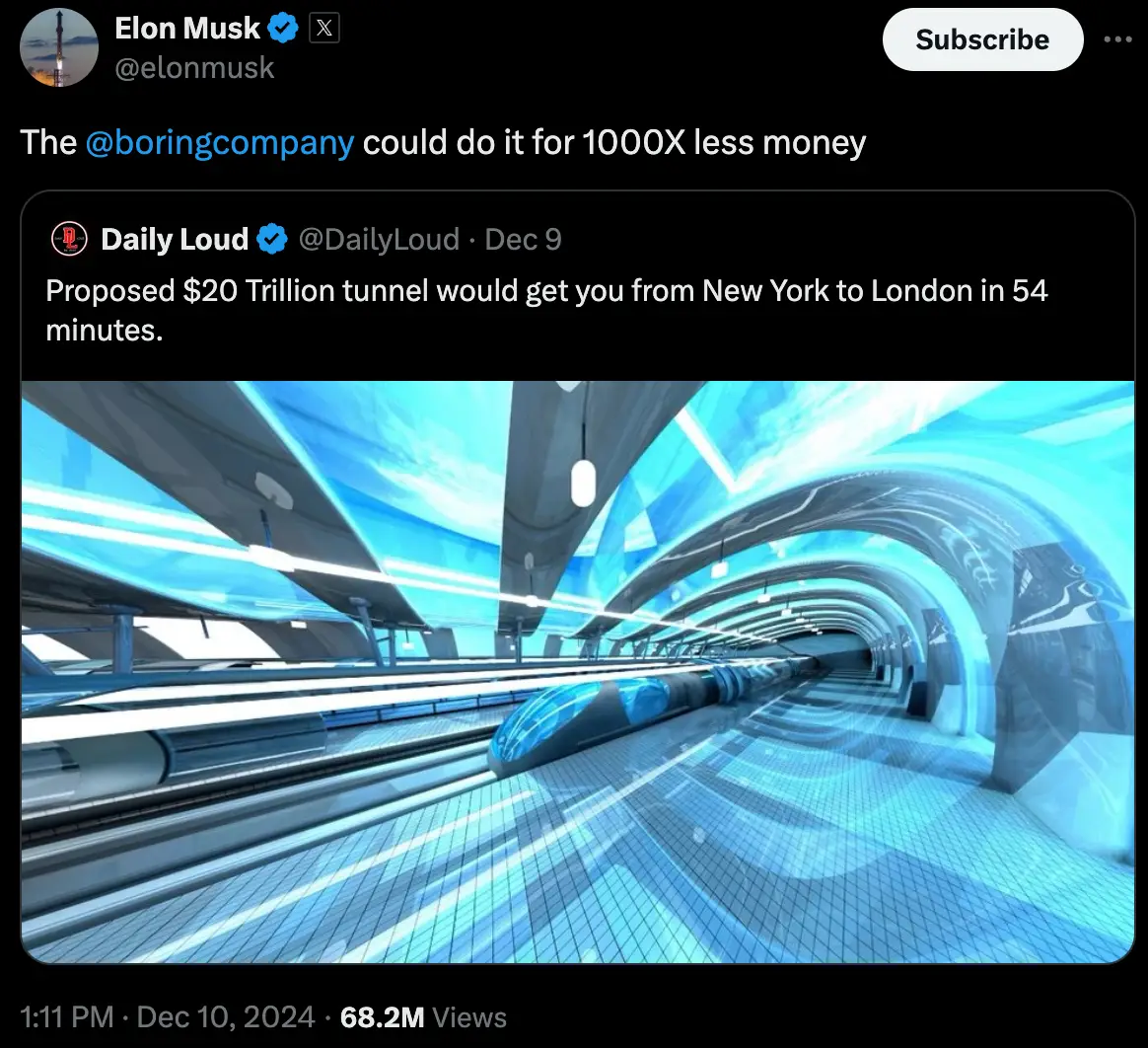 Elon Musk has other ideas for the Transatlantic Tunnel (Twitter/ @elonmusk) 