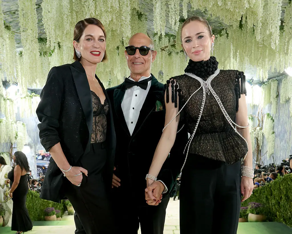Stanley Tucci pictured with Felicity and Emily Blunt at this year's Met Gala (Photo by Kevin Mazur/MG26/Getty Images for The Met Museum/Vogue)