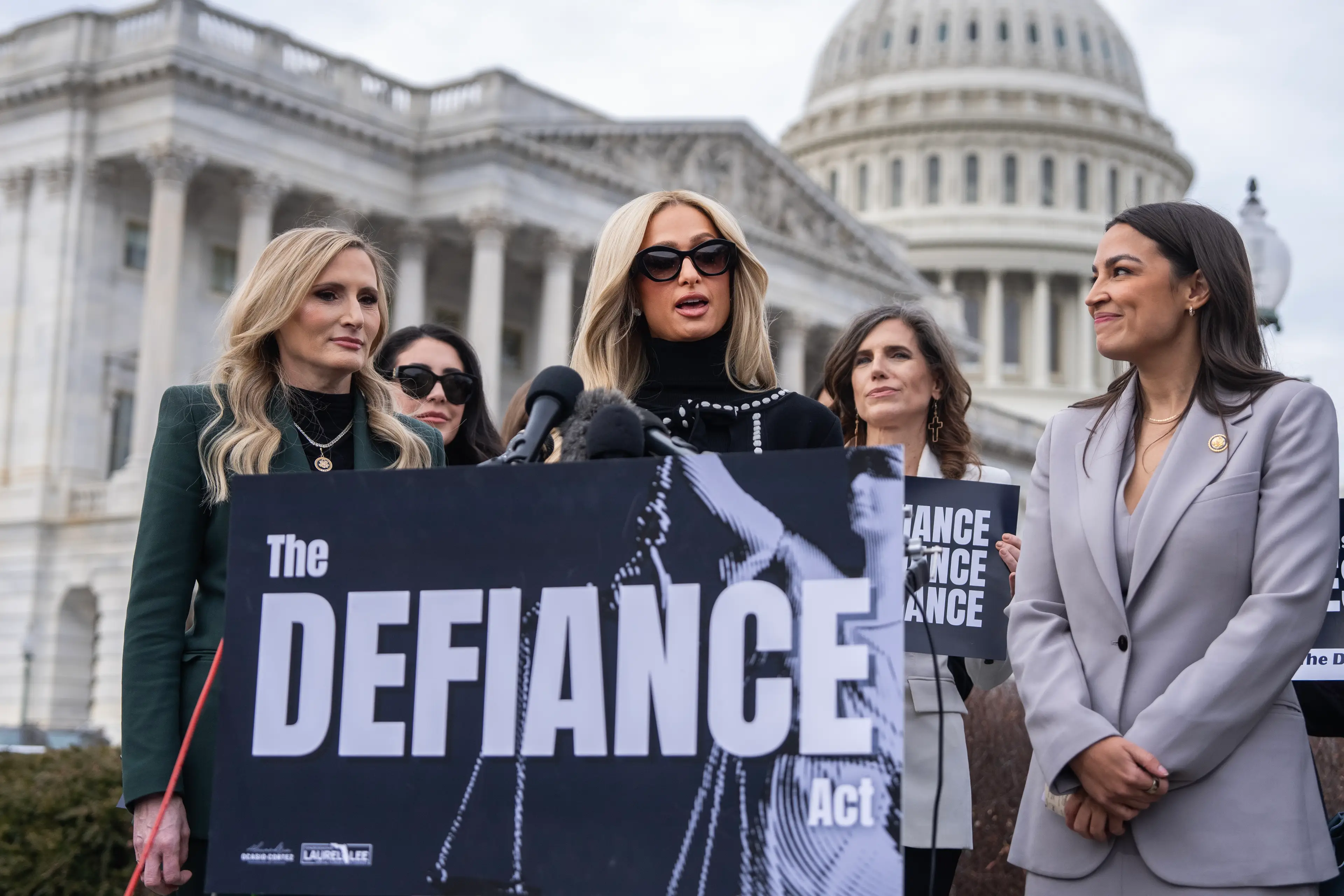 Hilton alongside Alexandra Ocasio-Cortez speaking in favour of the DEFIANCE bill cracking down on deepfake pornography in 2026 (Tom Williams/CQ-Roll Call, Inc via Getty Images)