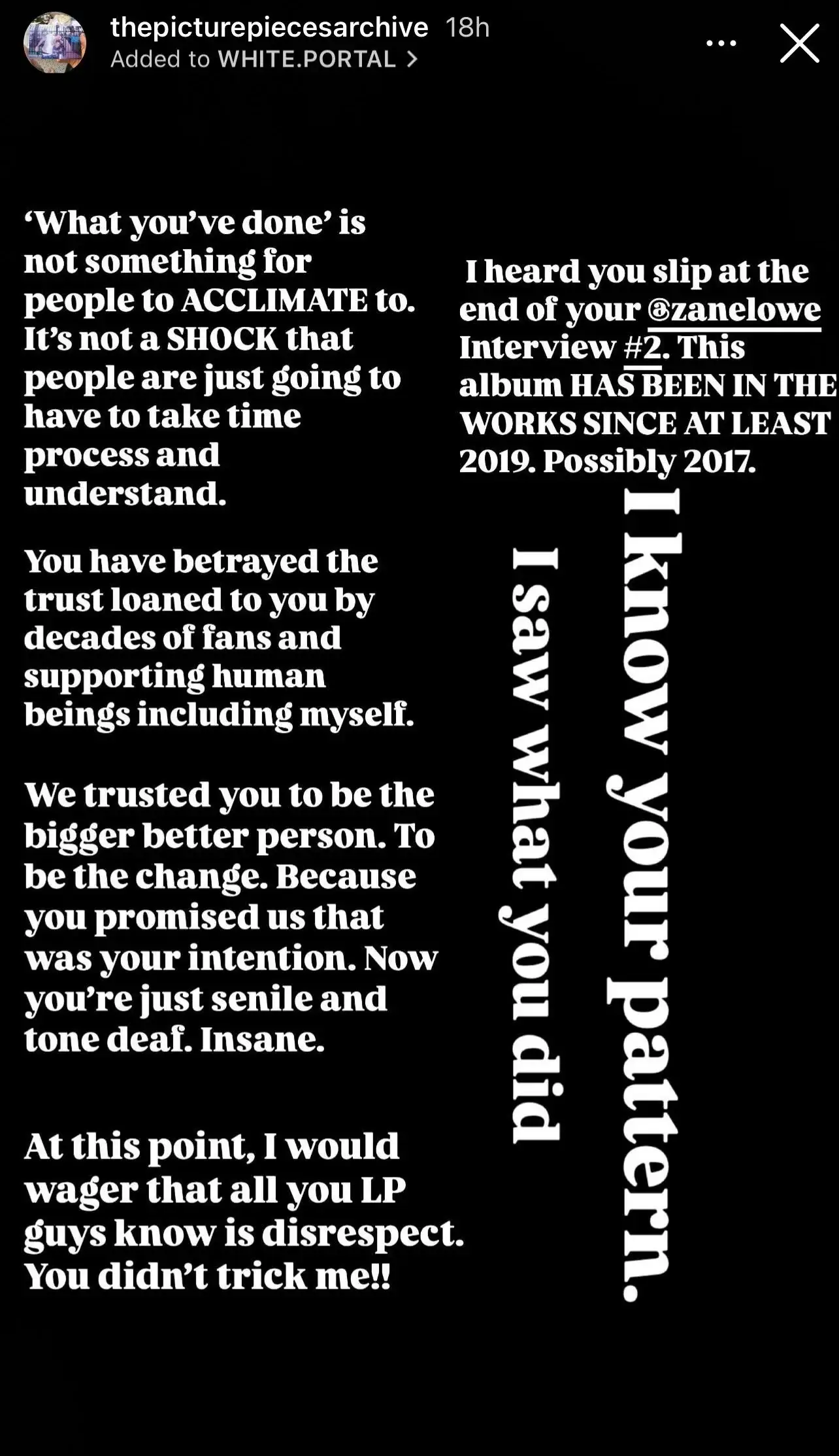 He said the band is being 'tone deaf.' (Instagram/@thepicturepiecesarchive)