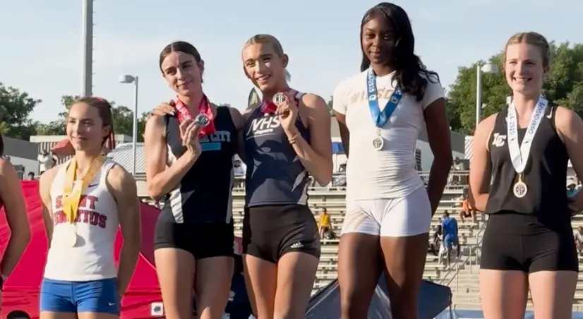 AB Hernandez (centre) shared the podium at a high school track-and-field championship last month (KCRA 3)