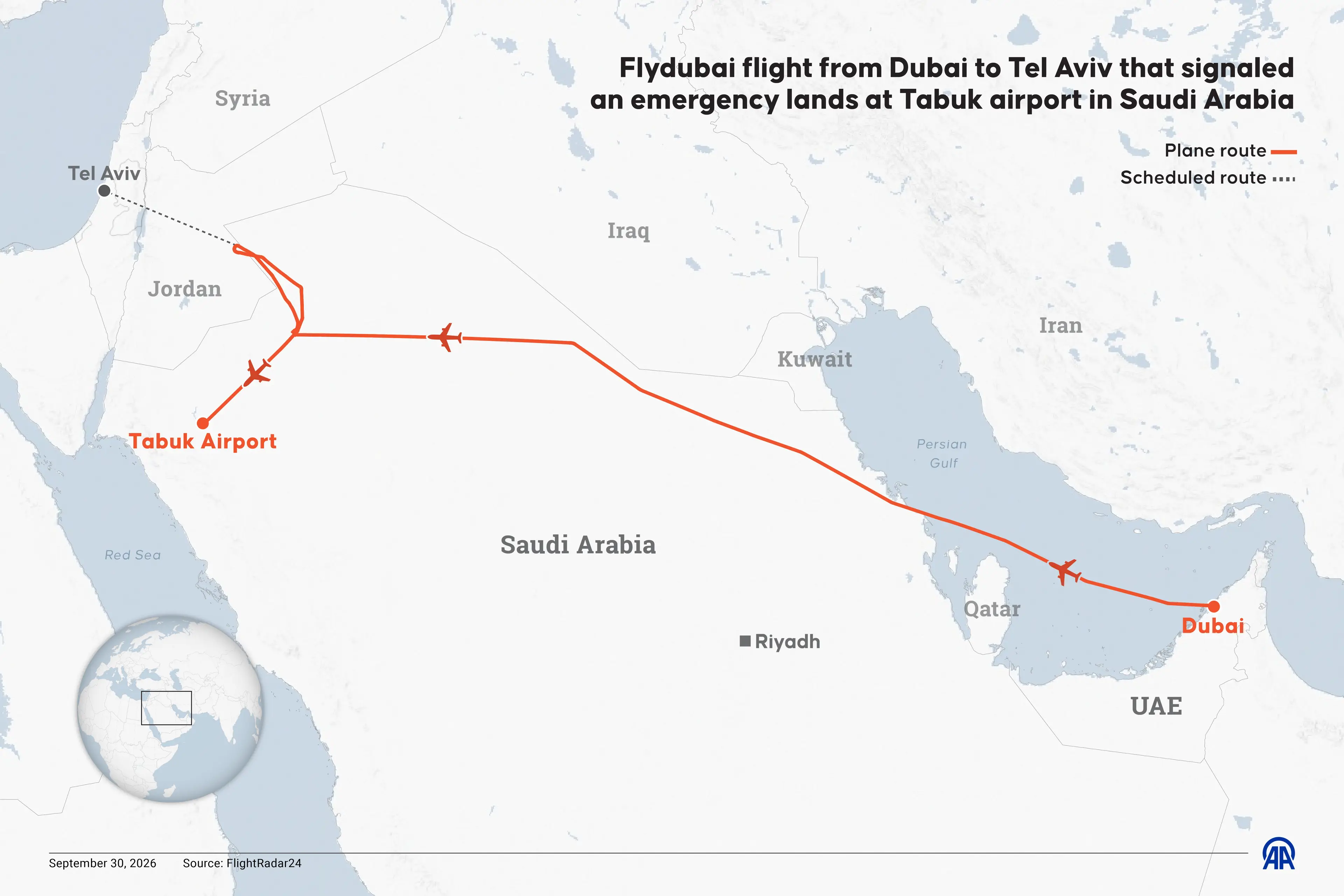 Flydubai flight FZ1073 was carrying around 150 people, most of them Israeli, from Dubai to Tel Aviv. (Mehmet Yaren Bozgun/Anadolu via Getty Images)