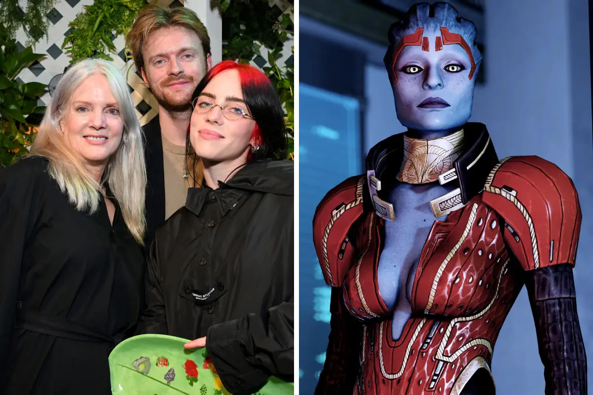 Billie Eilish and her mum, and the character she voices in Mass Effect 2 and 3 (Michael Kovac via Getty Images / EA)