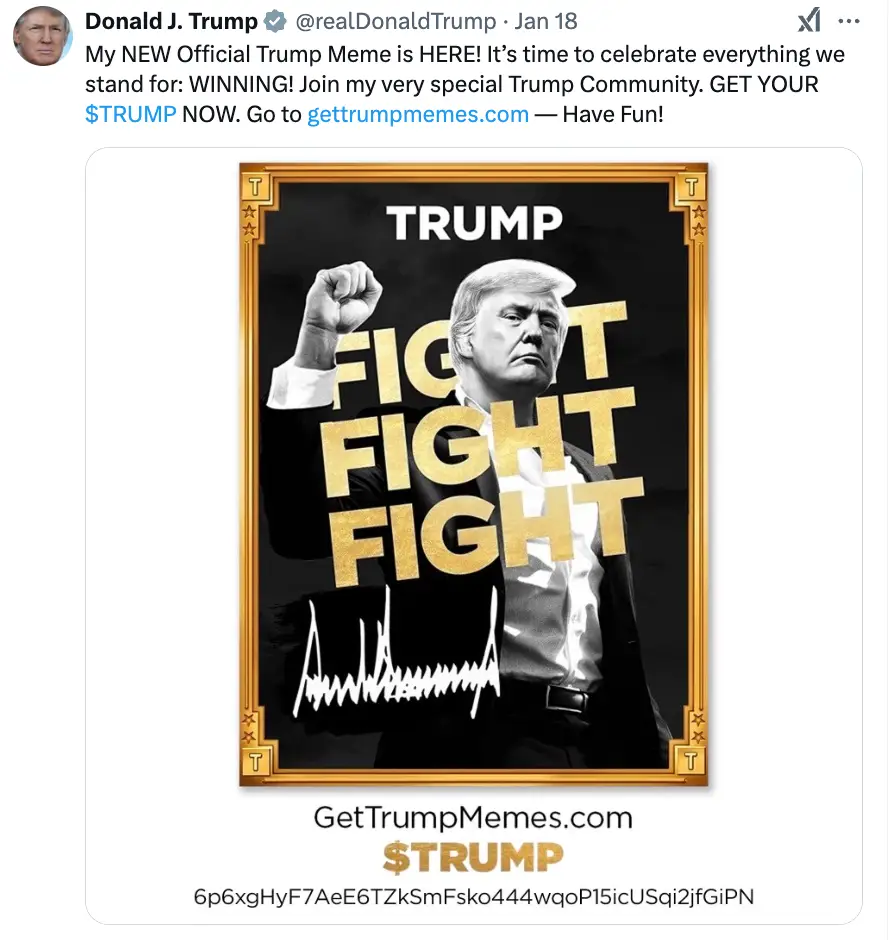 Trump's memecoin was not advertised as an investment opportunity (X/@realdonaldtrump)
