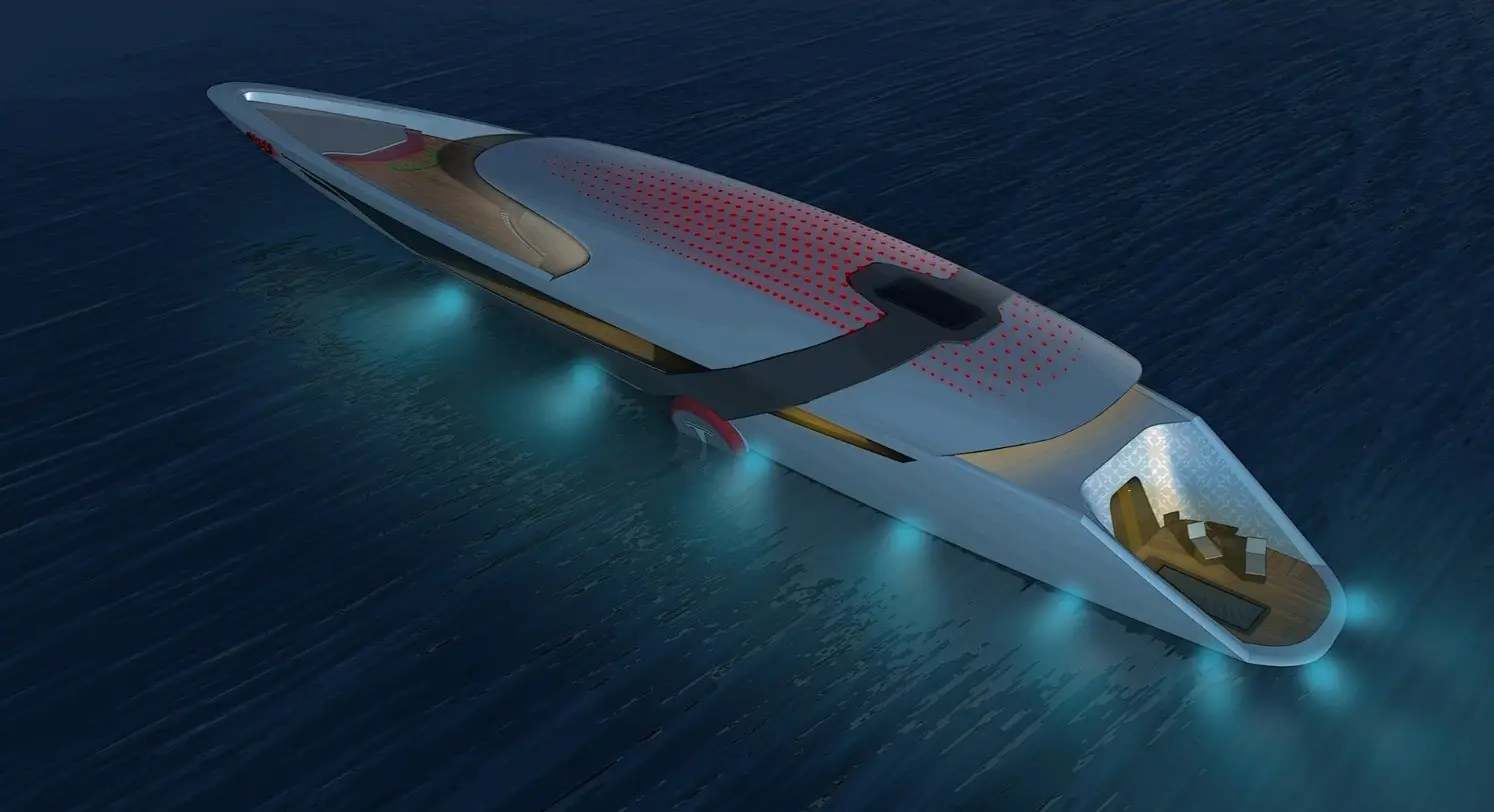 The Tesla Model Y yacht at night (Render/Dhruv Prasad)