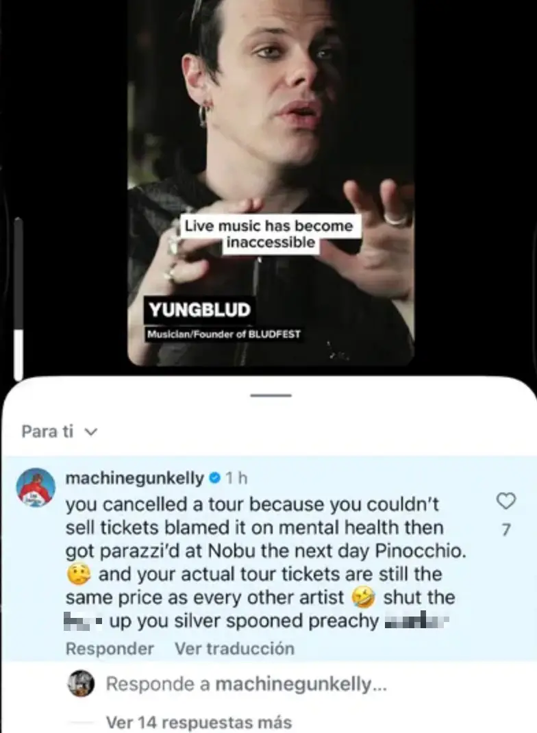 Machine Gun Kelly decided to publicly call out Yungblud on Instagram, calling him a 'silver spooned preachy w****r' (Instagram)