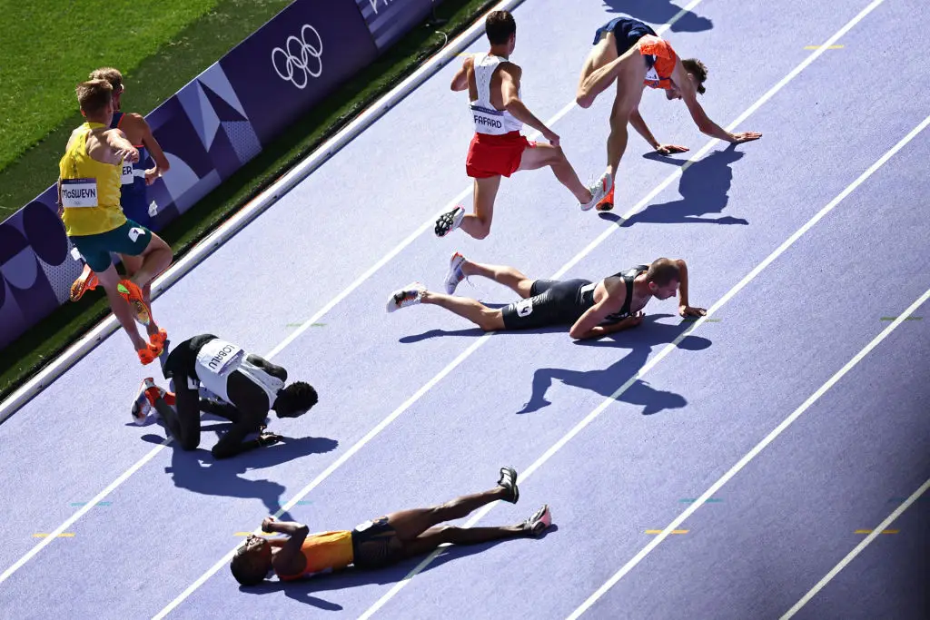 George Mills of Team GB claimed the pile-up started due to Hugo Hay infringing his space. (ANNE-CHRISTINE POUJOULAT/AFP via Getty Images)