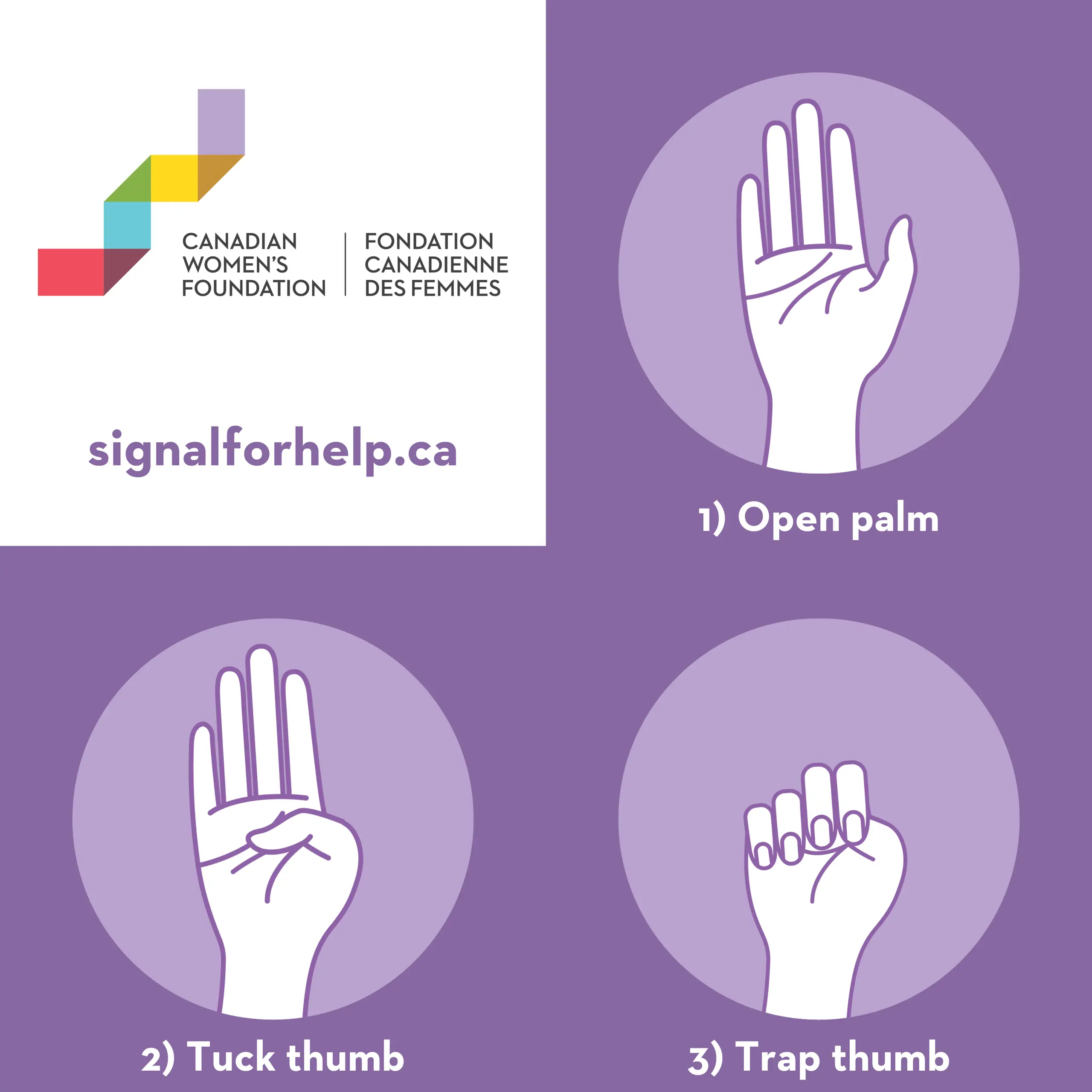 This hand signal is sometimes used for domestic abuse survivors to call for help (Canadian Women's Foundation)