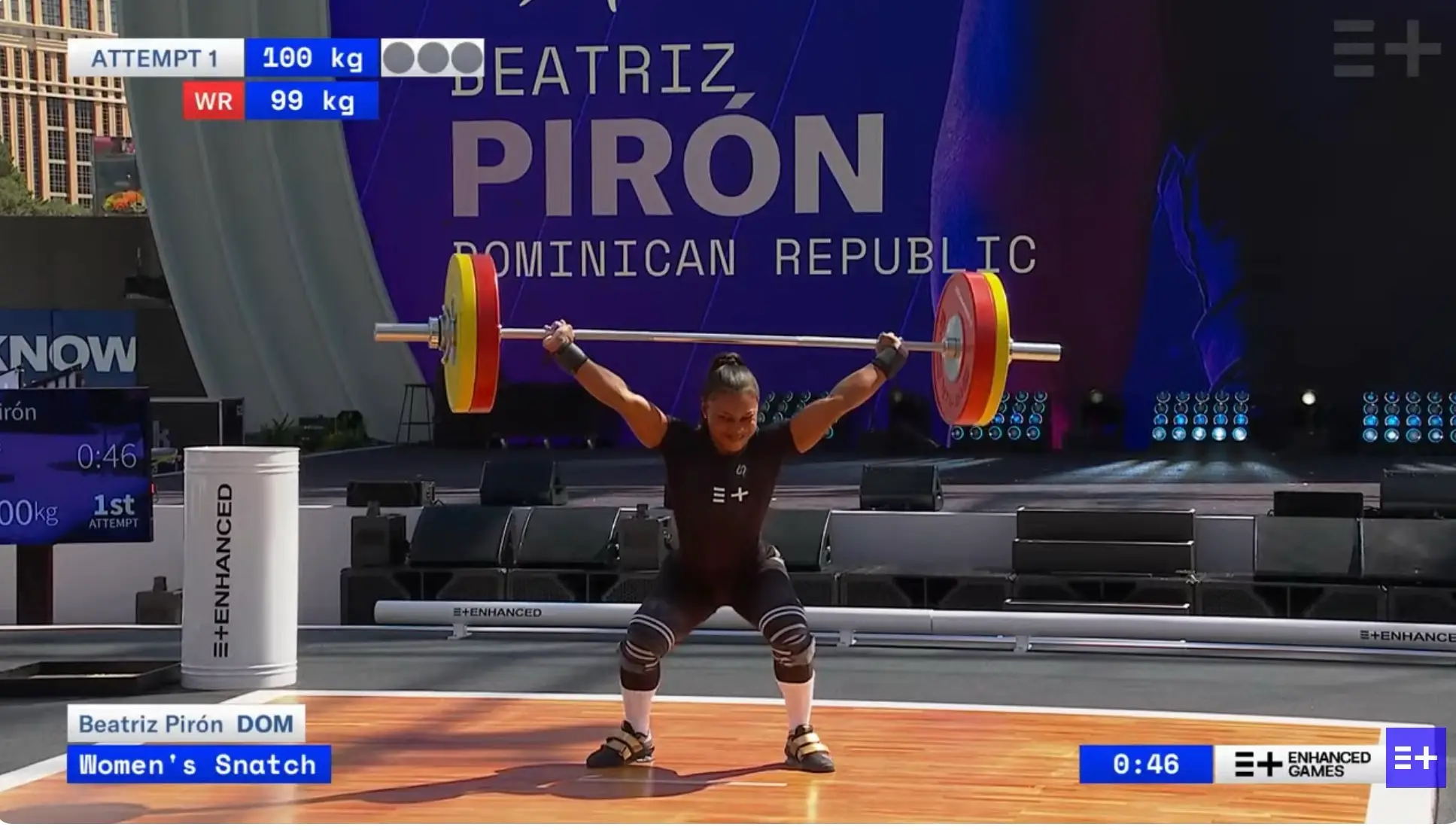 Piron very nearly broke the world record during her first lift but lost her balance at the last moment (Enhanced Games/Youtube)
