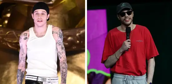 Davidson pictured in 2019 before his tattoo removal process (left), compared to his recent CinemaCon appearance (right) (Steven Ferdman/WireImage/ VALERIE MACON / AFP via Getty Images)