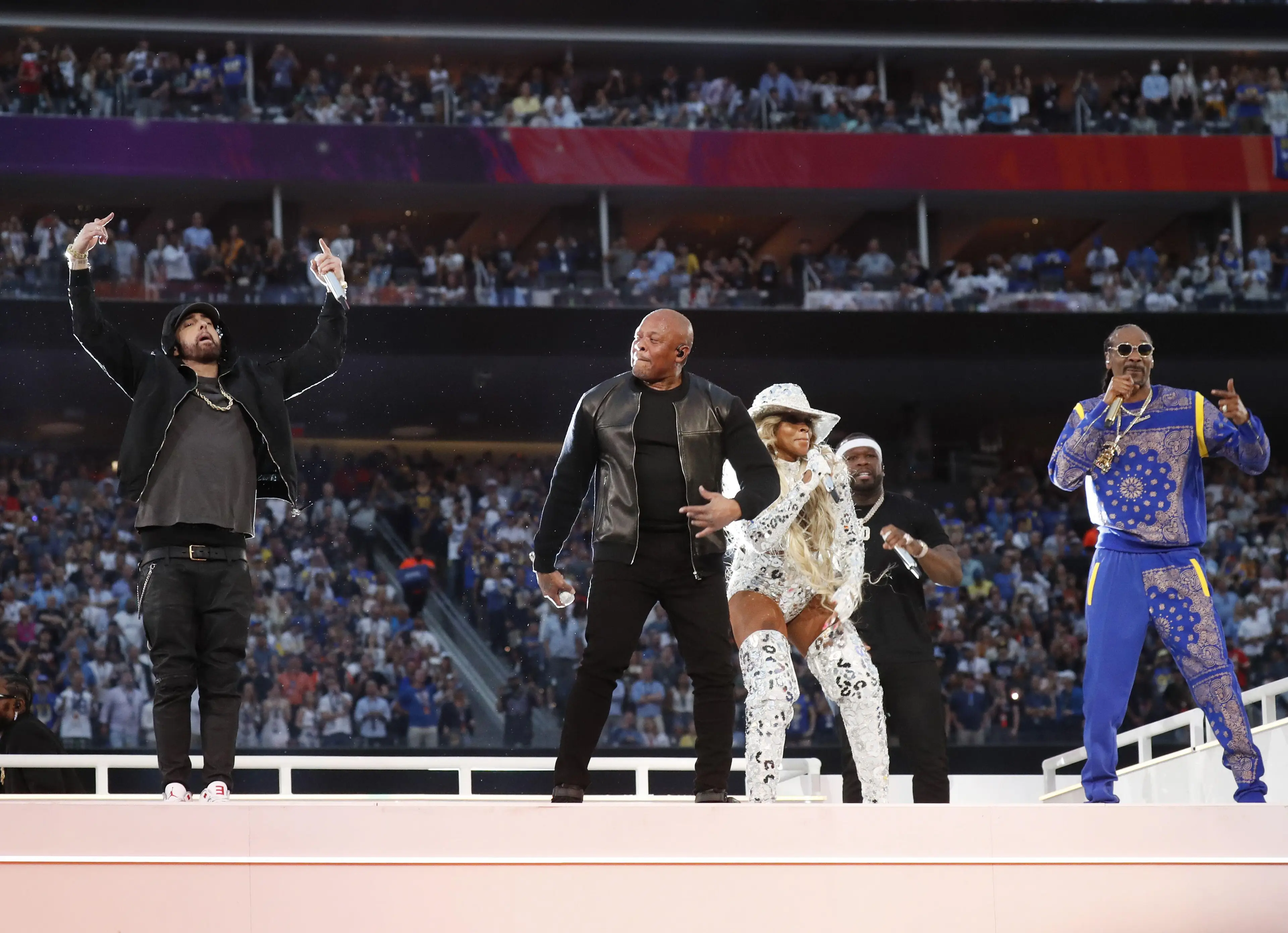 The trio performing together at the Super Bowl halftime show.