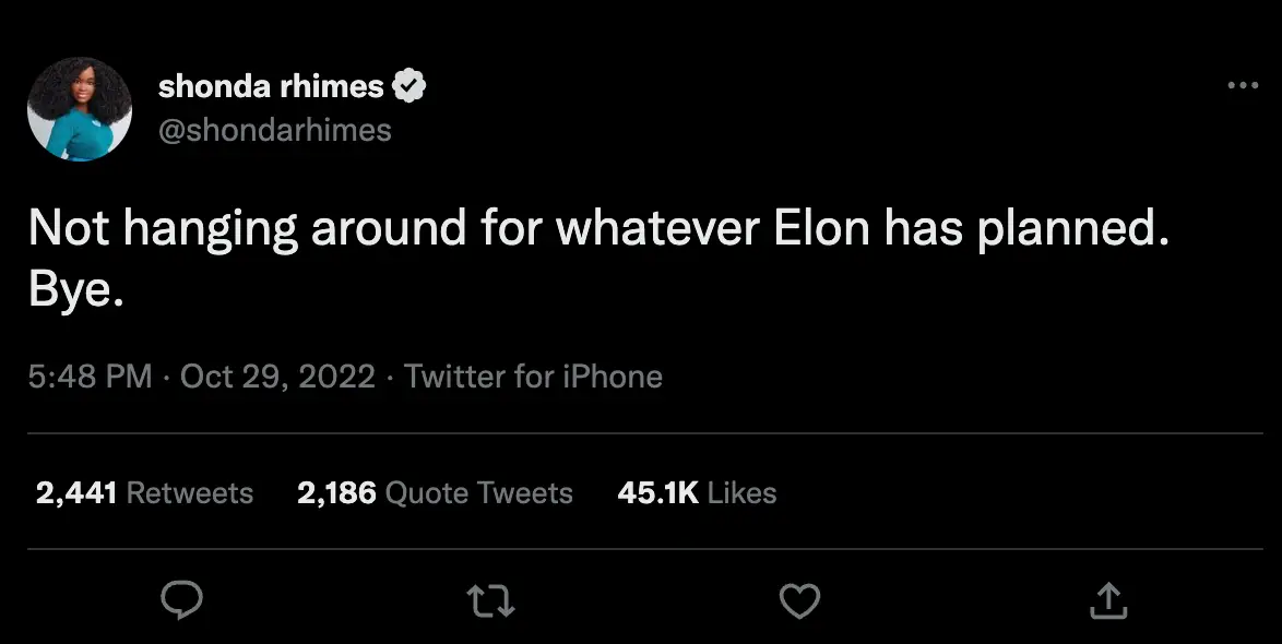 Grey's Anatomy's Shonda Rhimes tweeted about her departure.