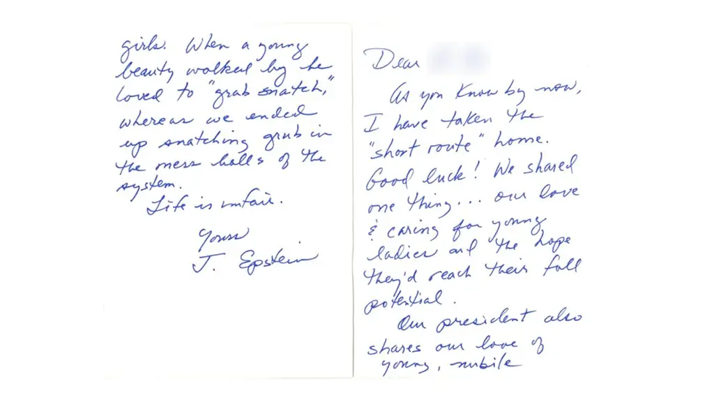 Jeffrey Epstein's postcard making reference to a 'president' (DOJ)