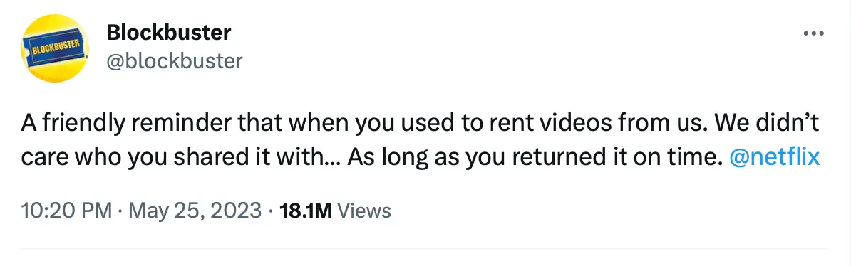 Despite being defunct since 2016, Blockbuster also trolled the streaming giant.