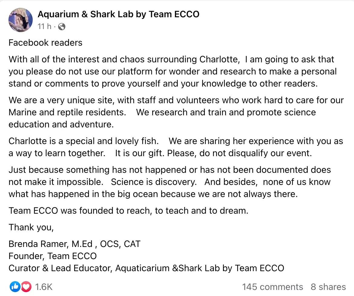 The aquarium posted on their social media. Credit: