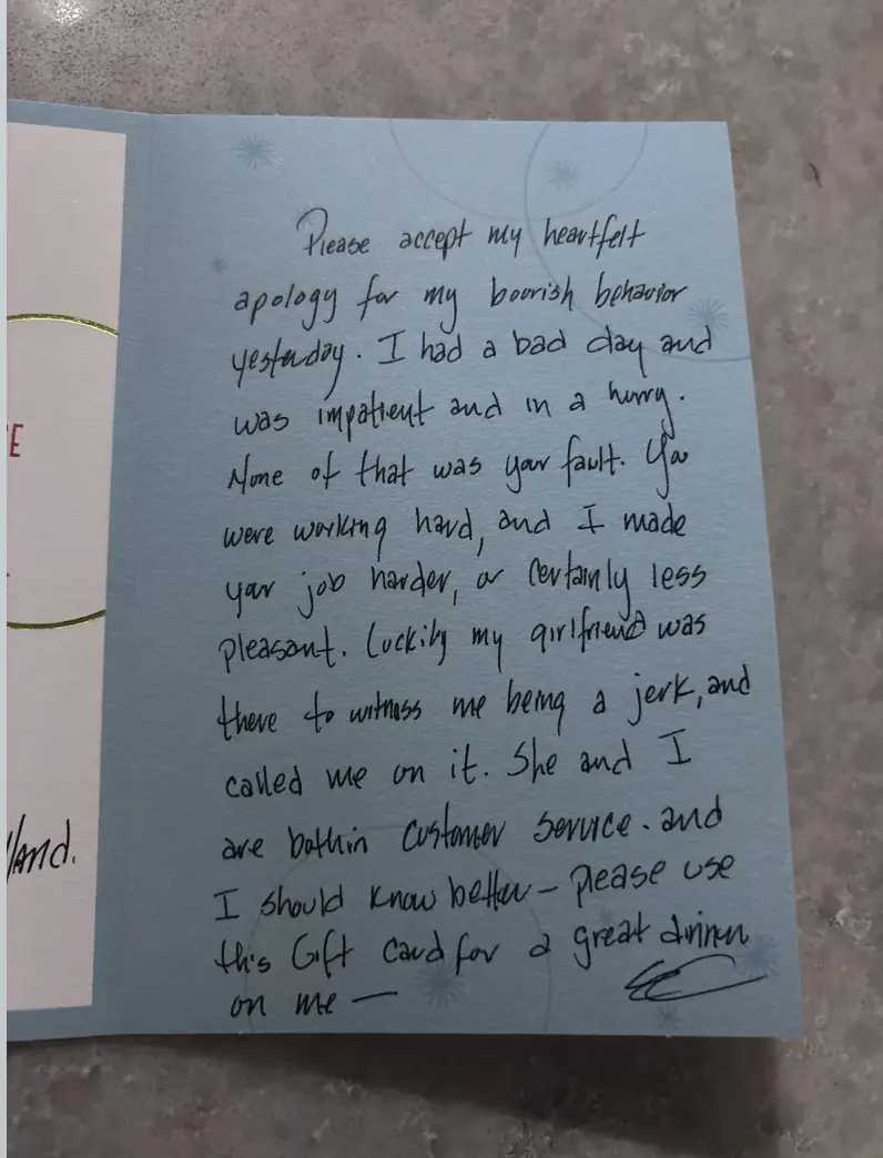 The heartwarming note was shared online.