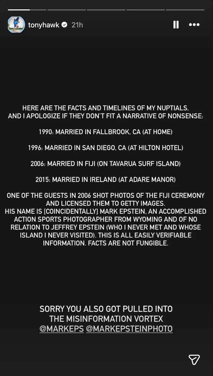 The post shared to Tony Hawk's Instagram stories (Instagram/tonyhawk)