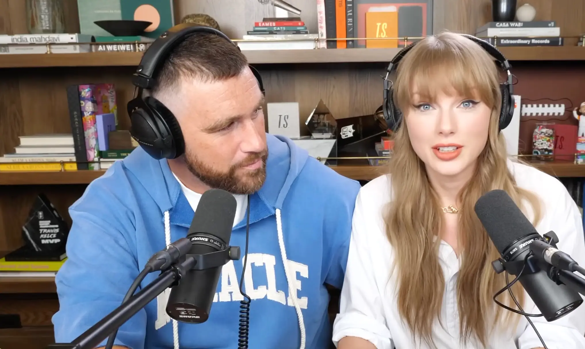 Travis proposed to Taylor after she appeared on his New Heights podcast last summer (New Heights/YouTube)