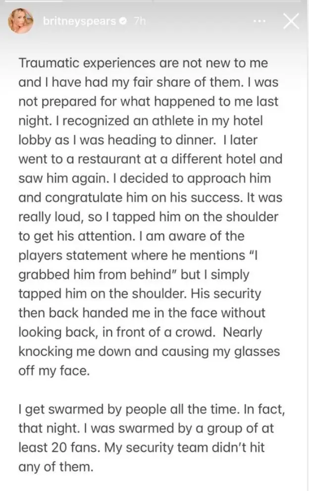 The singer claimed she'd been 'back handed' by the guard.