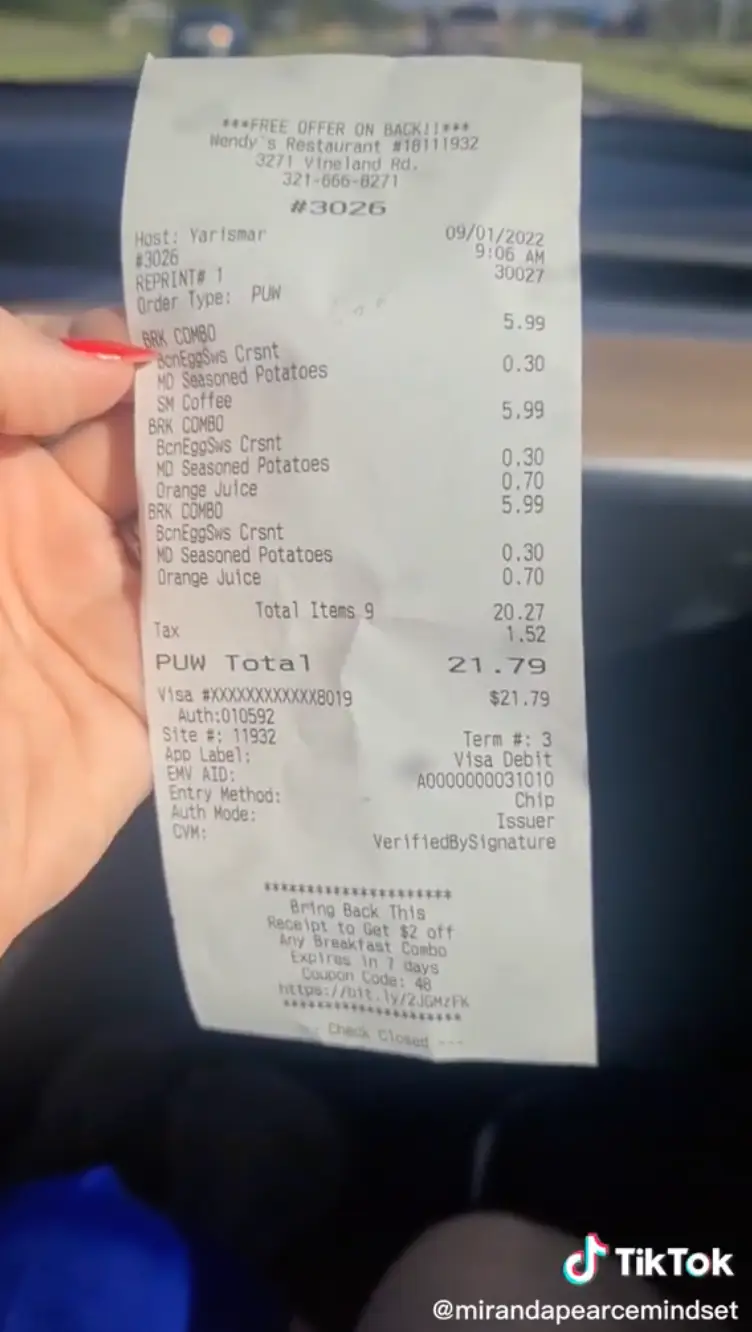 Breakfast from the Wendy's drive-thru.