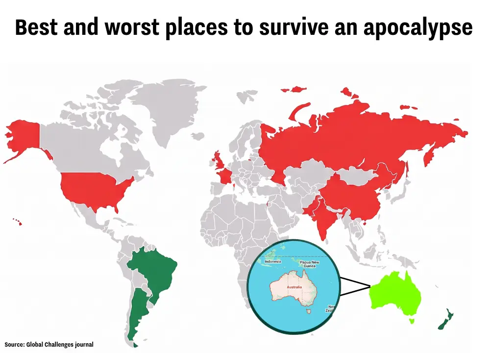 A map shows the best and worst places to survive an apocalypse (