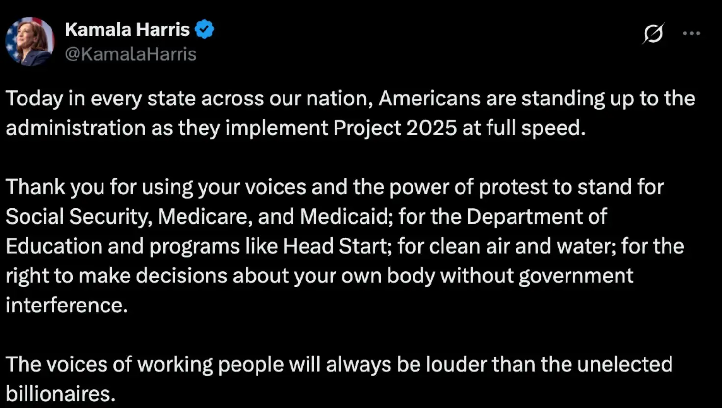 Kamala Harris showed her support for the 'Hands Off!' protests (kamalaharris/X)