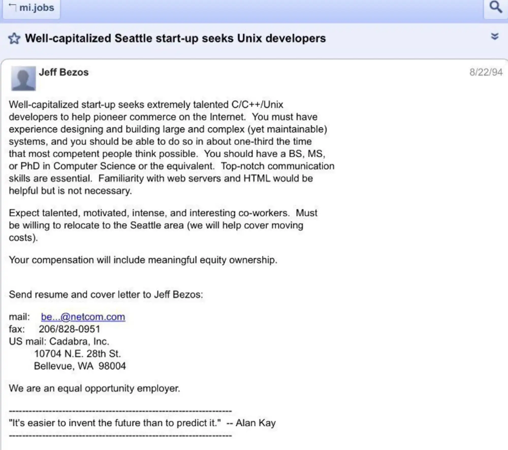 Bezos' Amazon job advert (Reddit)